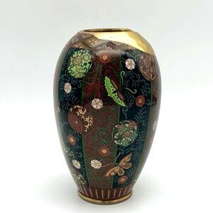 Kintsugi Antique Japanese Cloisonné Vase Meiji Era Goldstone Butterfly Floral